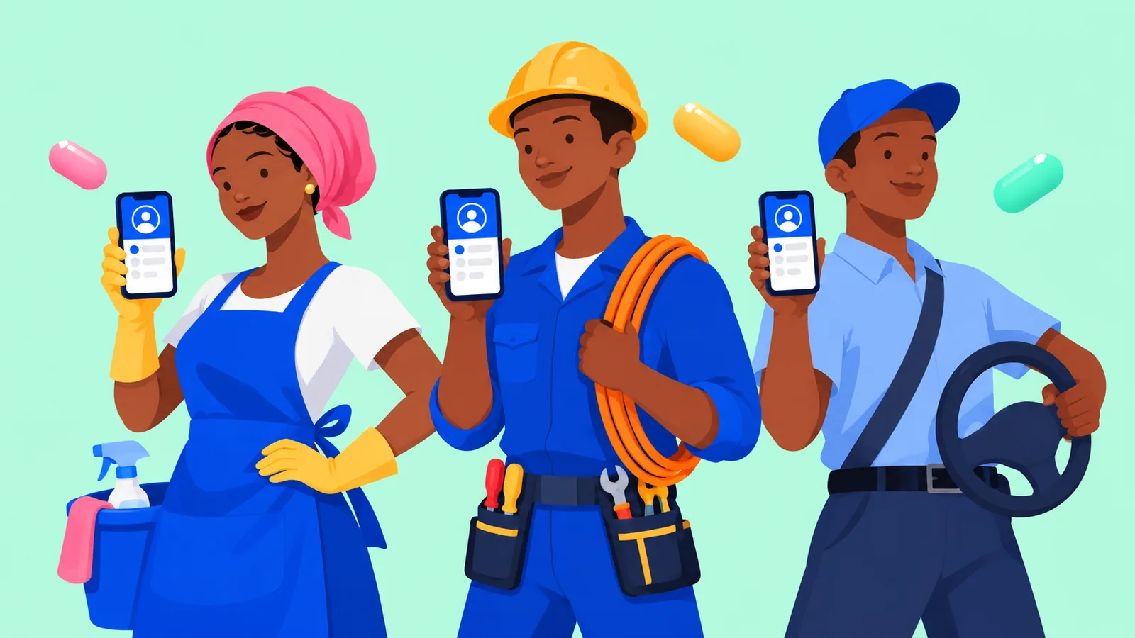 A cleaner, an electrician and a driver each holding up their Backmi profile