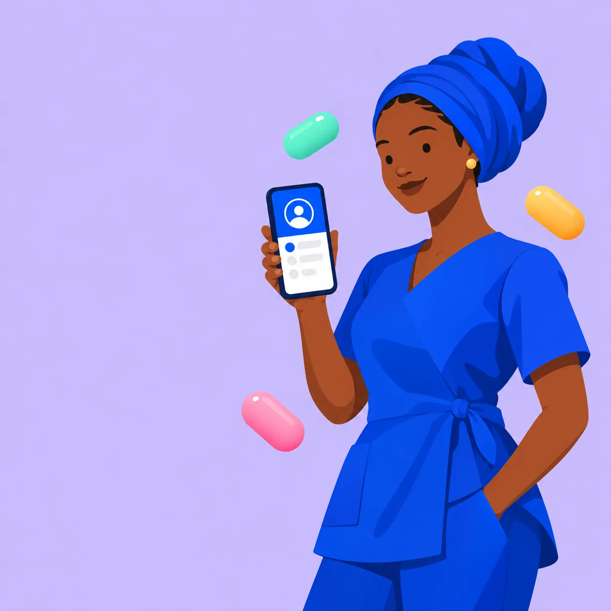 A house help in a blue uniform holding her phone, smiling