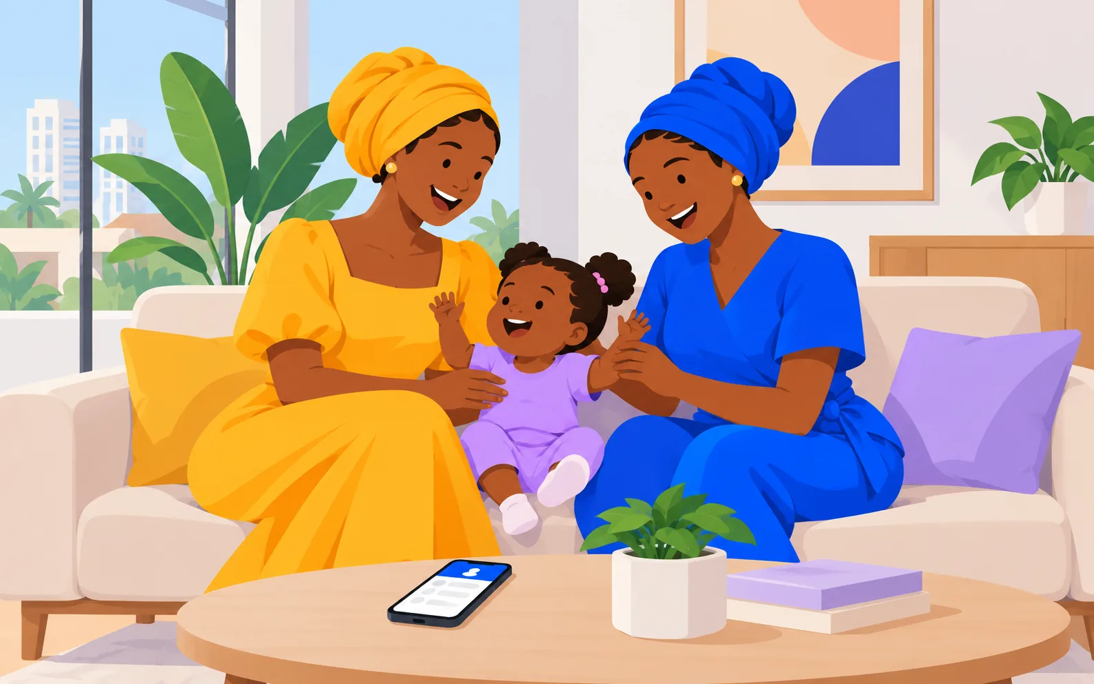 A mother and her house help sitting with a toddler in a bright living room