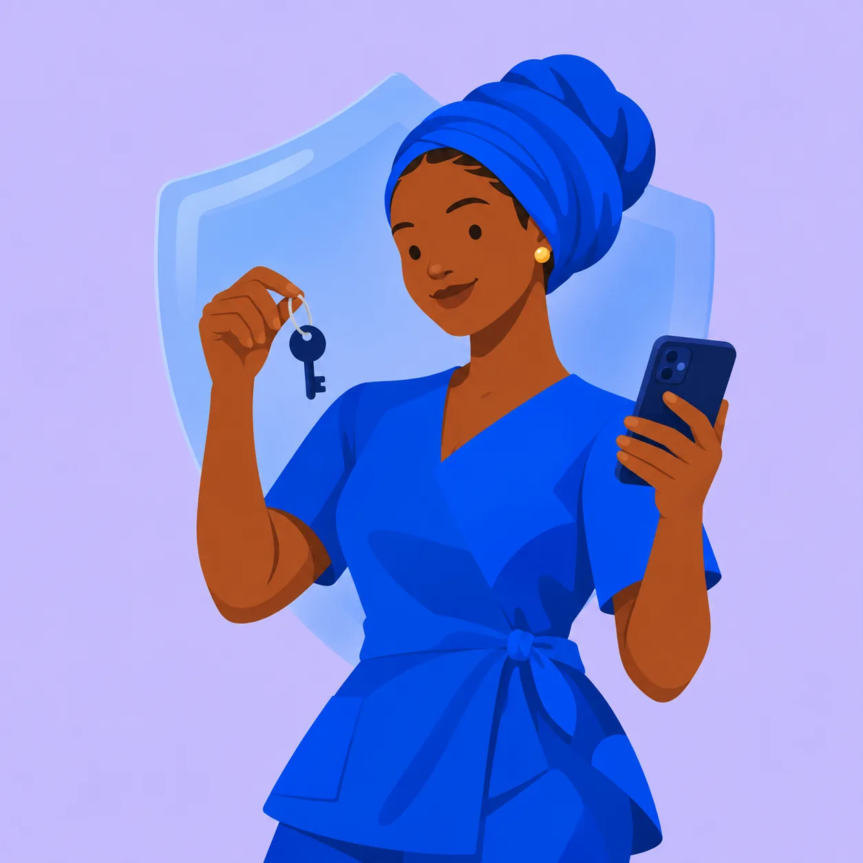 A woman holding a key and her phone in front of a shield