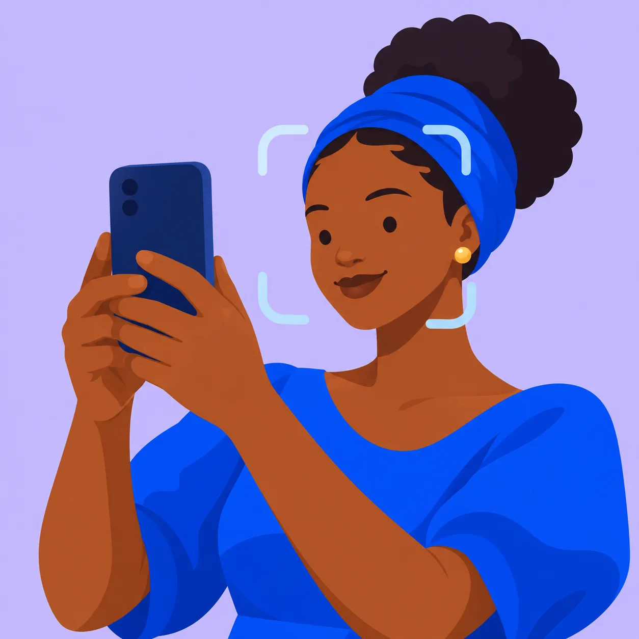 A woman taking a selfie, framed for a face match