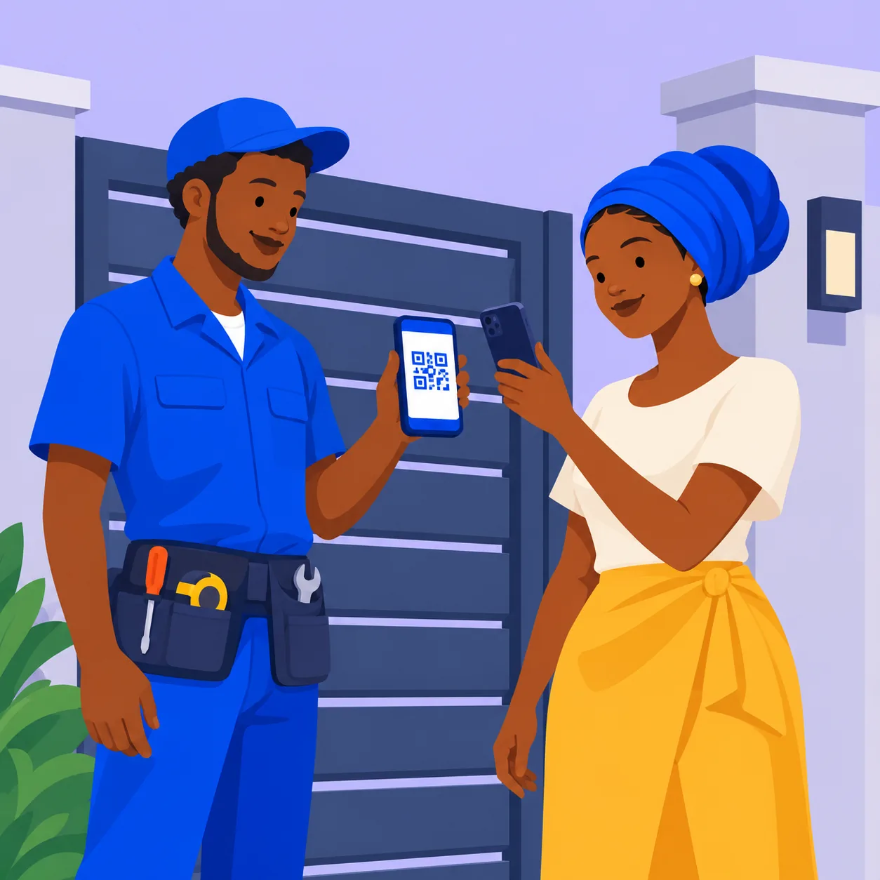 An artisan showing his QR code to a homeowner at her gate
