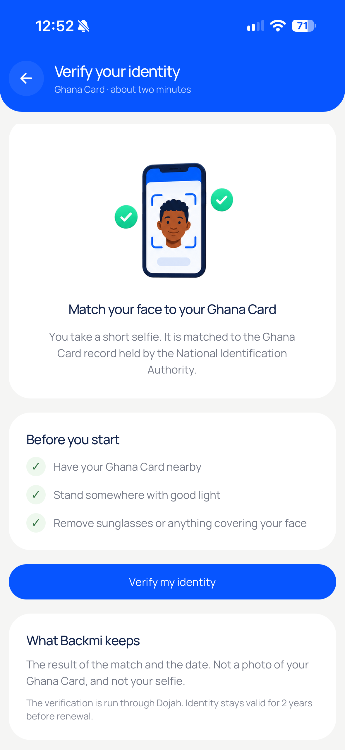 Backmi TestFlight identity verification screen explaining Ghana Card face matching and retained data