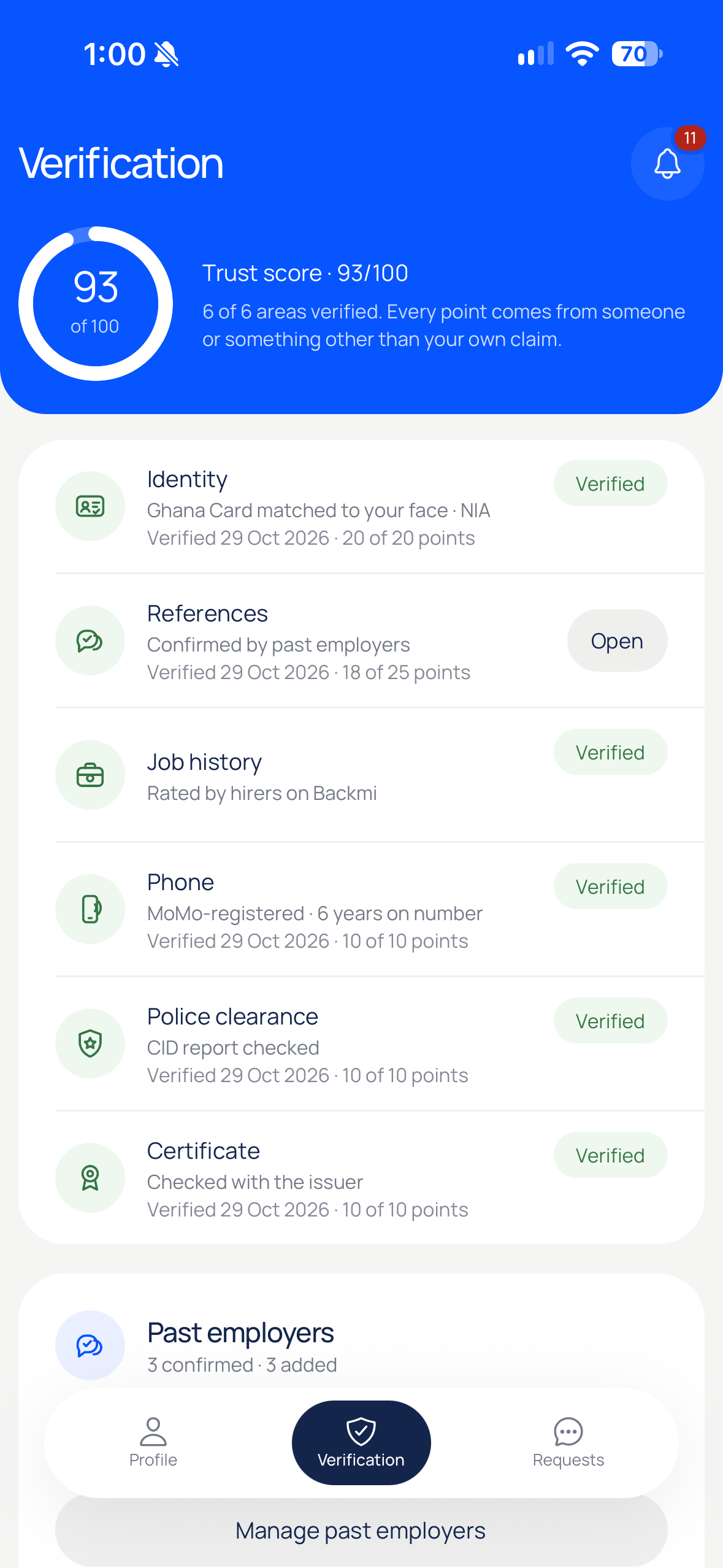 Backmi iPhone TestFlight verification screen showing the score breakdown across identity, references, job history, phone, police clearance and certificate
