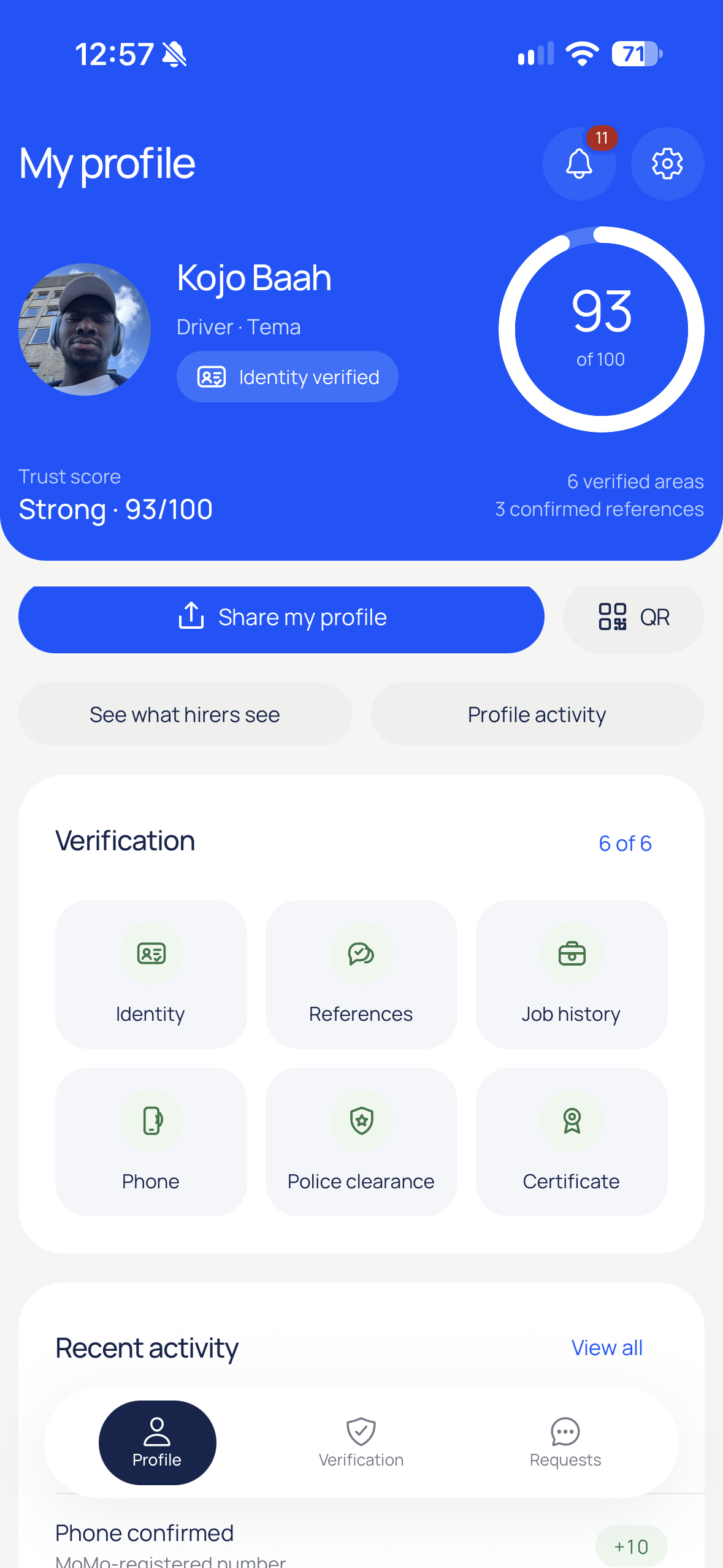 Backmi iPhone TestFlight worker profile showing Kojo Baah with a 93 out of 100 Strong trust score and six verified areas
